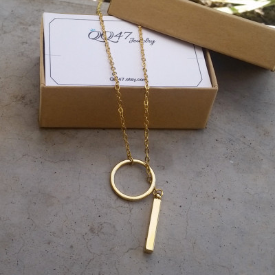 Gold Drop Bar Necklace - Drop Ring Charm Necklace - Gold Lariat Layered Necklce - Y Necklce - Birthday Gift