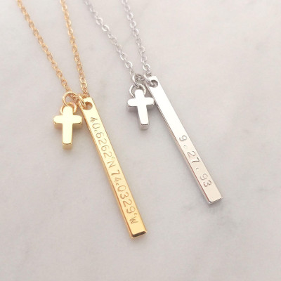 Gold Silver Cross Charm Name Necklace - Faith Necklace - Personalized Name coordinates Necklace