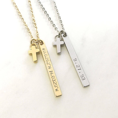 Gold Silver Cross Charm Name Necklace - Faith Necklace - Personalized Name coordinates Necklace