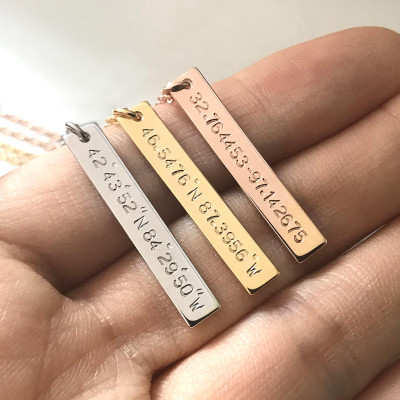 Gold Silver GPS Coordinates Necklace - Vertical Rose Gold Nameplate Bar Pendant Letter Latitude Longitude Place Wedding Anniversary Gift