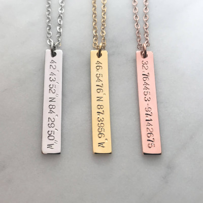 Gold Silver GPS Coordinates Necklace - Vertical Rose Gold Nameplate Bar Pendant Letter Latitude Longitude Place Wedding Anniversary Gift