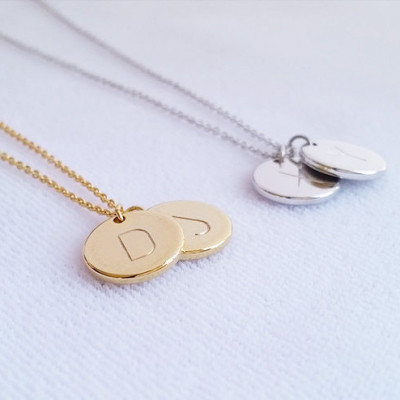 Personalized Disc Letter Necklace - Two Initial Gold - Silver Monogram Charm Necklace - Initial Circle Coin Pendant - Bridesmaid gift