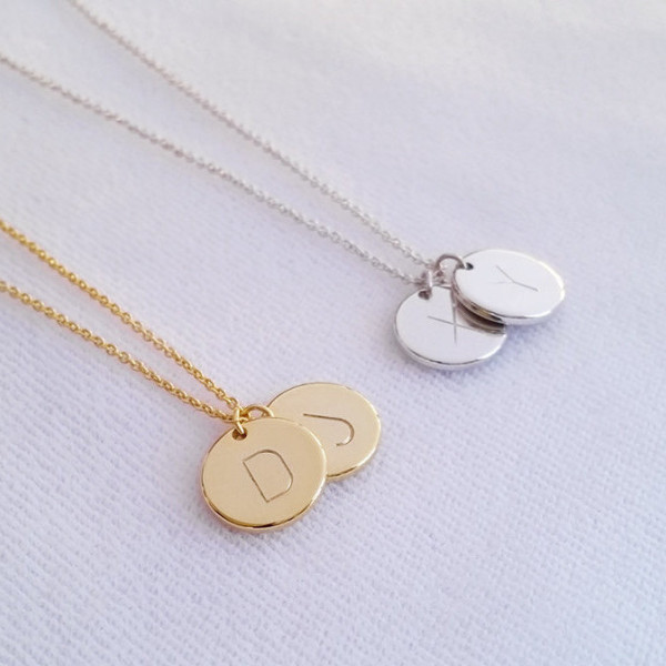 Personalized Disc Letter Necklace - Two Initial Gold - Silver Monogram Charm Necklace - Initial Circle Coin Pendant - Bridesmaid gift