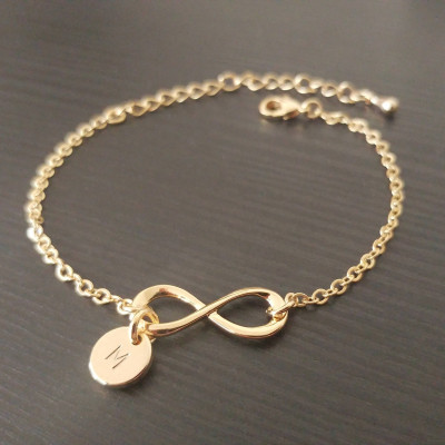 Personalized Gold Silver Rose Gold Infinity Bracelet - Initial Disc Charm Bracelet - Bridesmaid Gifts - Letter Monogram jewelry
