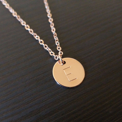 Personalized Rose Gold Initial Disc Necklace - Family Tree Necklace - Hand Stamped Initial Coin Necklace - Letter Circle Charm - Bridesmaid Gift