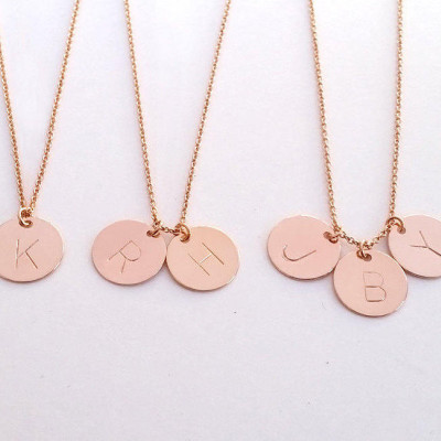 Personalized Rose Gold Initial Disc Necklace - Family Tree Necklace - Hand Stamped Initial Coin Necklace - Letter Circle Charm - Bridesmaid Gift