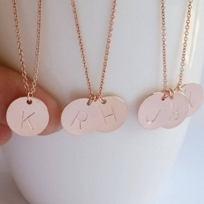 Personalized Rose Gold Initial Disc Necklace - Family Tree Necklace - Hand Stamped Initial Coin Necklace - Letter Circle Charm - Bridesmaid Gift