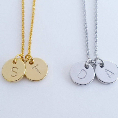 Personalized Two Tiny Round Disc Necklace - hand stamped Gold - Silver - Rose Gold Initial charm - Bridesmaid gift - Up to many Circle Coin Pendant