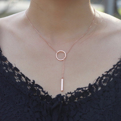 Rose Gold Drop Bar Necklace - Drop Ring Charm Necklace - Y Necklace - Rose Gold Lariat Layered Necklce - Birthday Gift