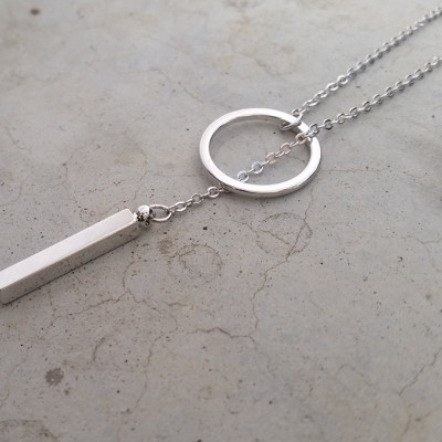 Silver Drop Bar Necklace - Drop Ring Charm Necklace - SIlver Lariat Layered Y Necklce - Y Necklce - Birthday Gift