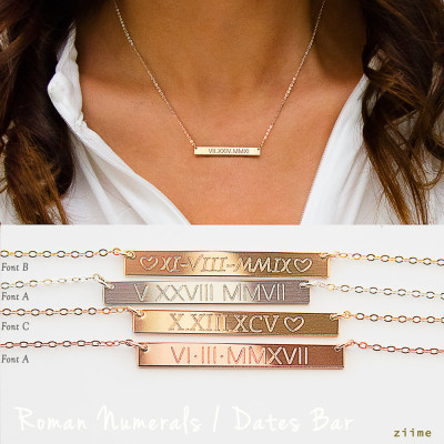 Roman Numerals Necklace - Roman Dates Bar Necklace - Custom Engraved Bar - Gold Filled - Silver - Rose Gold - Silver bar