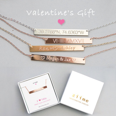 Valentines Gift - Custom Necklace reversible Engraved Bar Necklace - Gold Filled - Silver - Rose Gold fill
