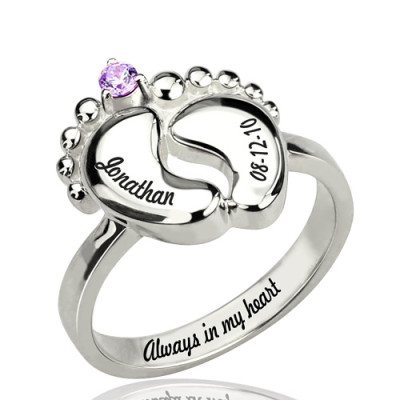 Engraved Baby Feet Ring with Birthstone Sterling Silver 