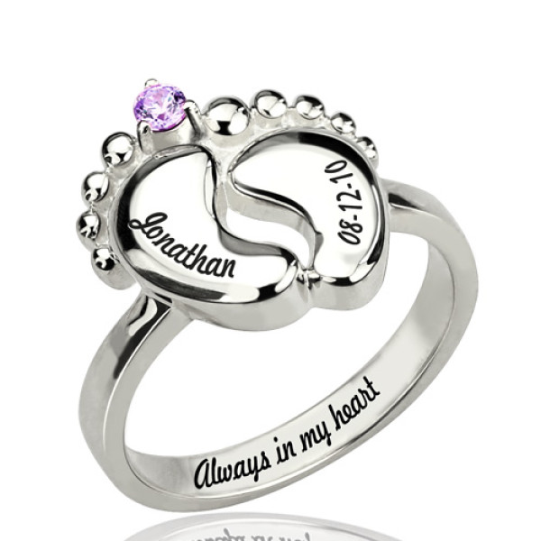 Engraved Baby Feet Ring with Birthstone Sterling Silver 