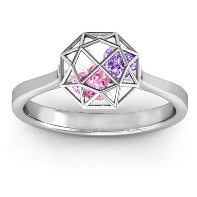 Personalized Diamond Cage Ring with Encased Heart Stones 