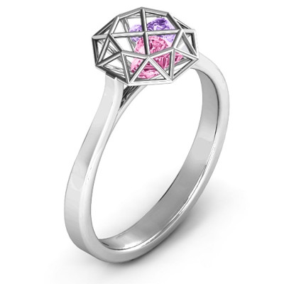 Personalized Diamond Cage Ring with Encased Heart Stones 