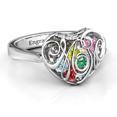 Cursive Mom Caged Hearts Ring with Ski Tip Band