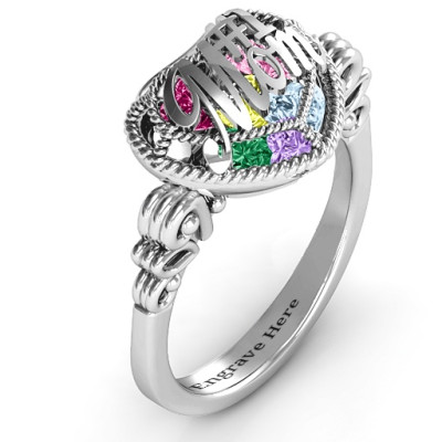 #1 Mom Caged Hearts Ring with Butterfly Wings Band - 