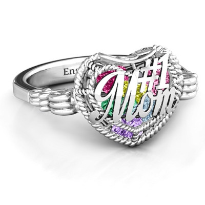 #1 Mom Caged Hearts Ring with Butterfly Wings Band - 