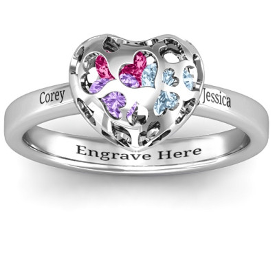 Heart Cut-out Petite Caged Hearts Ring with Classic Engraveds Band