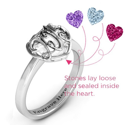 2015 Petite Caged Hearts Ring with Classic Engraveds Band