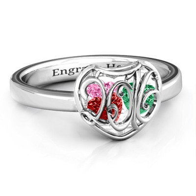 2016 Petite Caged Hearts Ring with Classic Engraveds Band