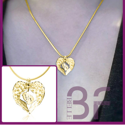 Personalized Angels Heart Necklace with Feet Insert - GOLD