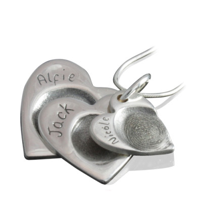 Sterling Silver FingerPrint Cascade Triple Heart Pendant