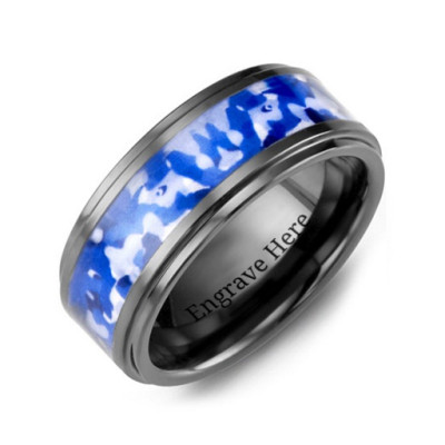 Blue Marine Camouflage Ceramic Wedding Ring