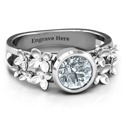 Sterling Silver Beautiful Blossoms with Split Shank Ring and Genuine Diamond Stone 