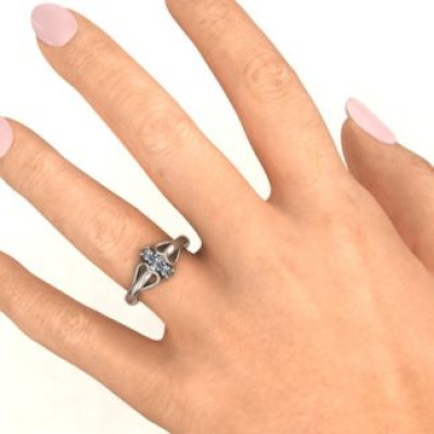 Sterling Silver Double Heart Three Stone Ring 
