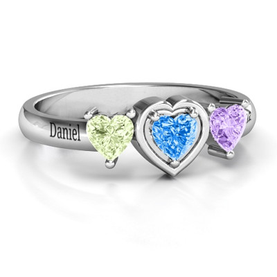Sterling Silver Heart Stone with Twin Heart Accents Ring 