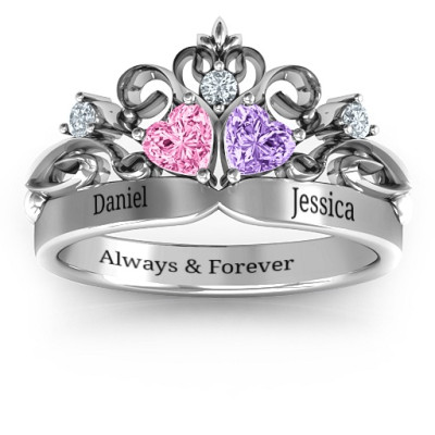 Sterling Silver Royal Romance Double Heart Tiara Ring Engraveds