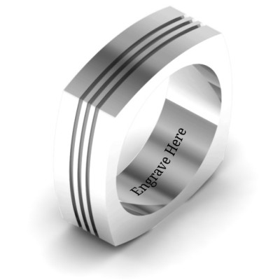 Sterling Silver Stria Grooved Square-shaped Men's Ring