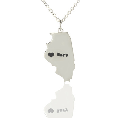 Personalized Illinois State Shaped Necklaces With Heart  Name Silver