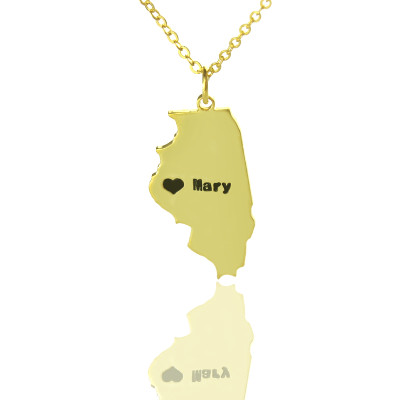 Custom Illinois State Shaped Necklaces With Heart  Name Gold Plated