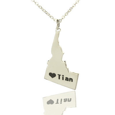 The Idaho State USA Map Necklace With Heart  Name Silver