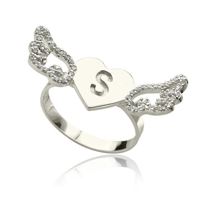 Heart Angel Wings Ring Engraved Initial  Birthstone Sterling Silver 