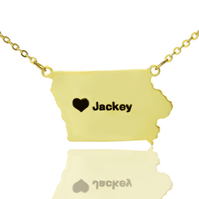 Iowa State USA Map Necklace With Heart  Name Gold Plated