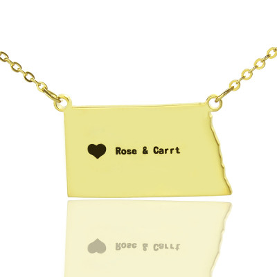 Personalized ND State USA Map Necklace With Heart  Name Gold Plated