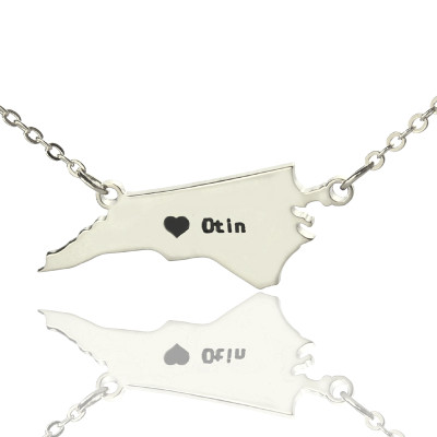 Personalized NC State USA Map Necklace With Heart  Name Silver
