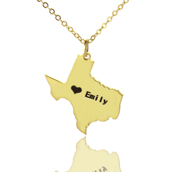 Texas State USA Map Necklace With Heart  Name Gold Plated