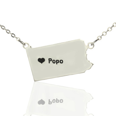 Personalized Pennsylvania State USA Map Necklace With Heart  Name Silver