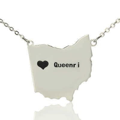 Custom Ohio State USA Map Necklace With Heart  Name Silver