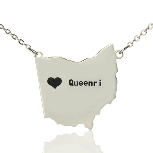 Custom Ohio State USA Map Necklace With Heart  Name Silver
