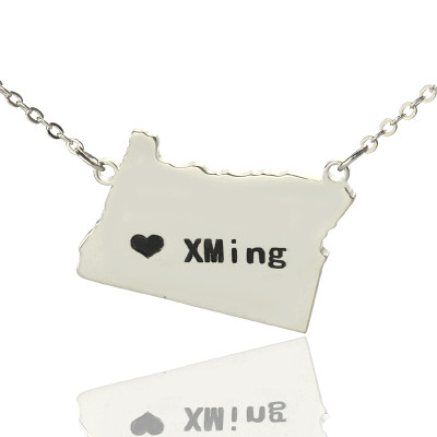 Custom Oregon State USA Map Necklace With Heart  Name Silver