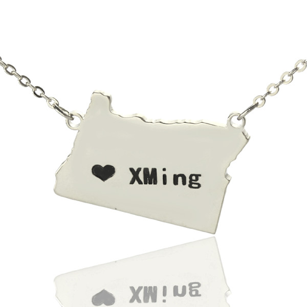 Custom Oregon State USA Map Necklace With Heart  Name Silver