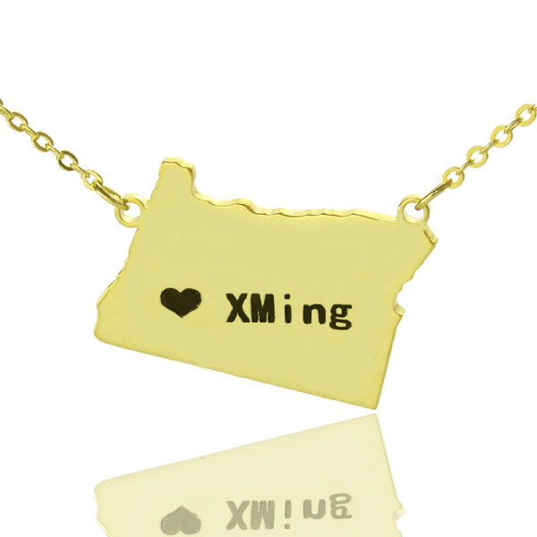 Custom Oregon State USA Map Necklace With Heart  Name Gold Plated