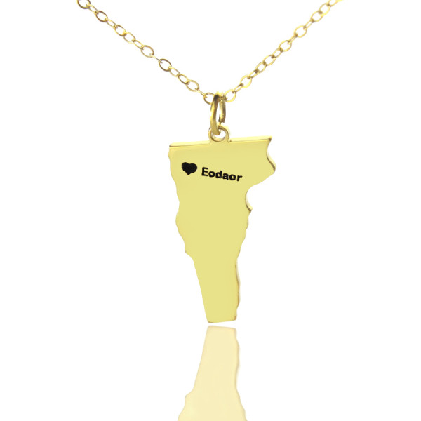 Custom Vermont State USA Map Necklace With Heart  Name Gold Plated
