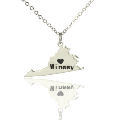 Virginia State USA Map Necklace With Heart  Name Silver